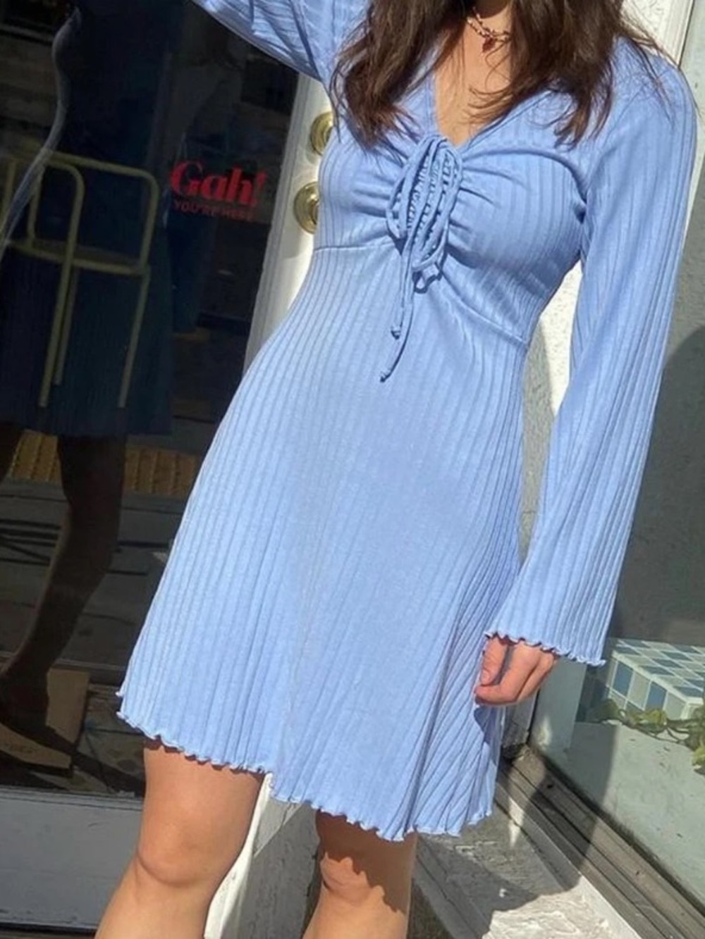 Lisa Says Gah Penelope Dress Twilight Blue Ribbed Ruched Bell Sleeves SZ small